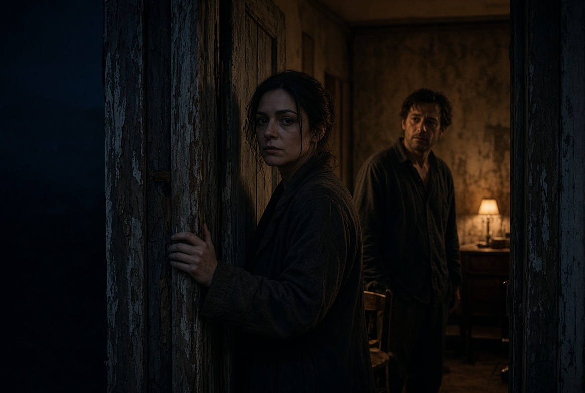 A woman in a doorway, a man waiting in the warm light behind her